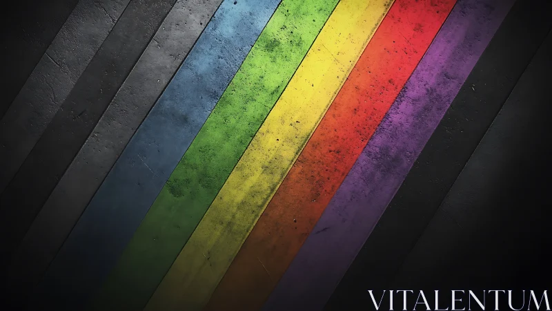 Oblique spectrum bands on distressed industrial surface.