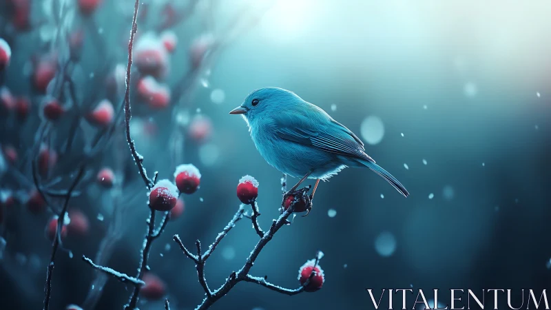 Blue songbird perched on snowy berry branch, dreamy winter style.