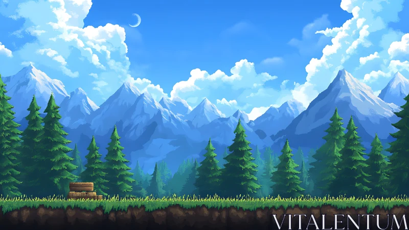 Pixel-parallax alpine forest with layered volumetric clouds.