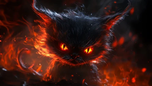 Demonic black cat emerges from blazing inferno with burning eyes