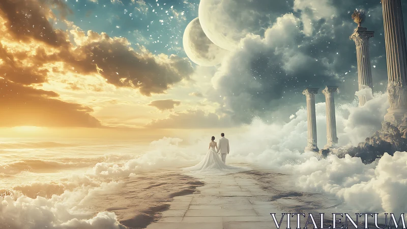 Couple walks along cloud path toward double moon sky