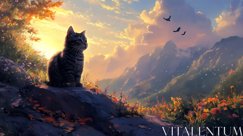 Majestic Cat Watches Over a Glowing Mountain Paradise.