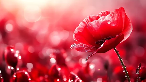 Red poppy in bokeh-rendered field displaying hydrophobic petals.