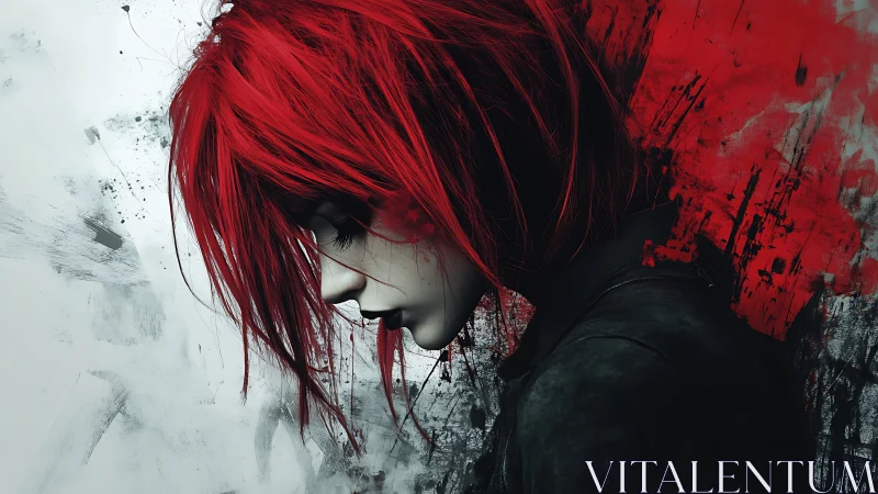 Red haired woman in profile against abstract red smear