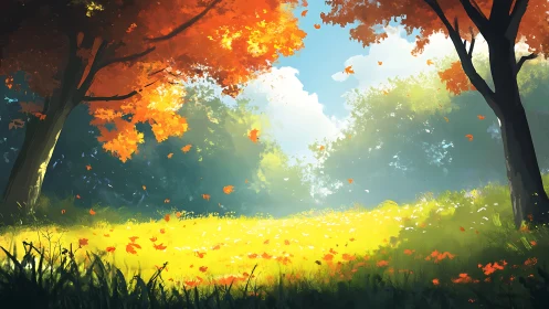 Luminous autumn forest clearing with chromatic leaf cascade and volumetric atmospheric rendering