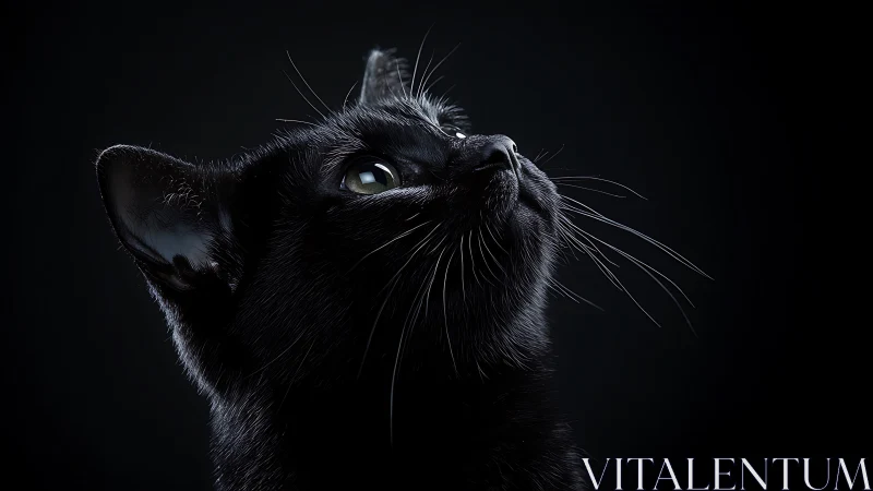 Obsidian Gaze: Black Cat Looks Skyward in Dramatic Shadows