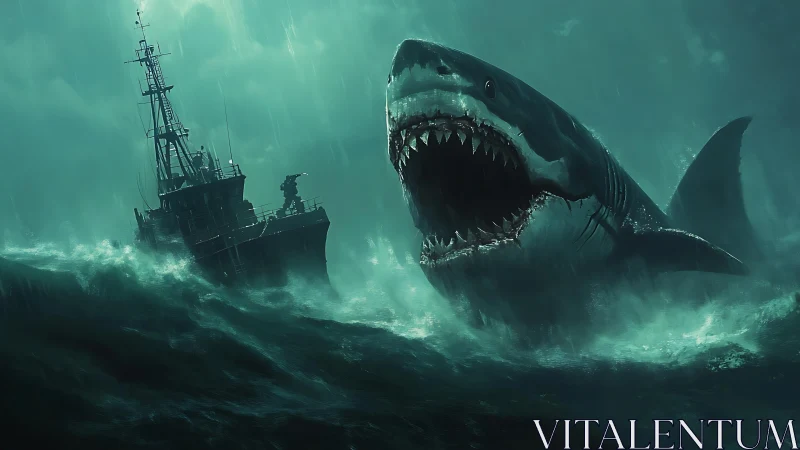Giant shark breaches near storm-tossed ship in dark sea
