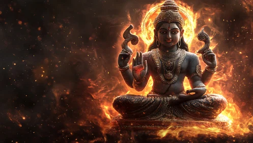 Divine fire deity in meditative balance amid swirling embers.