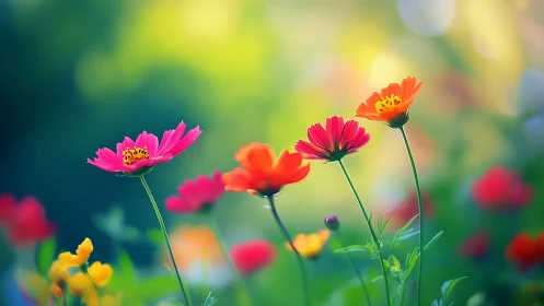 Wild garden flowers glow softly in dreamy morning light