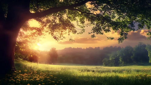 Sunlit meadow landscape with foreground tree and distant hills.