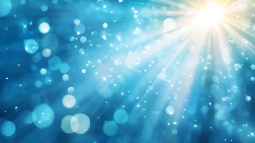 Radiant Sunlight Burst Over Blue Abstract Bokeh Background.