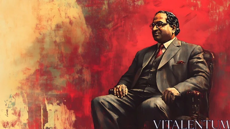 Digital painting portrait with seated figure on red field.