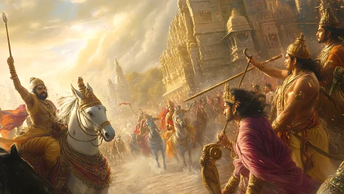 Golden chariots racing through a mythic city at sunrise.