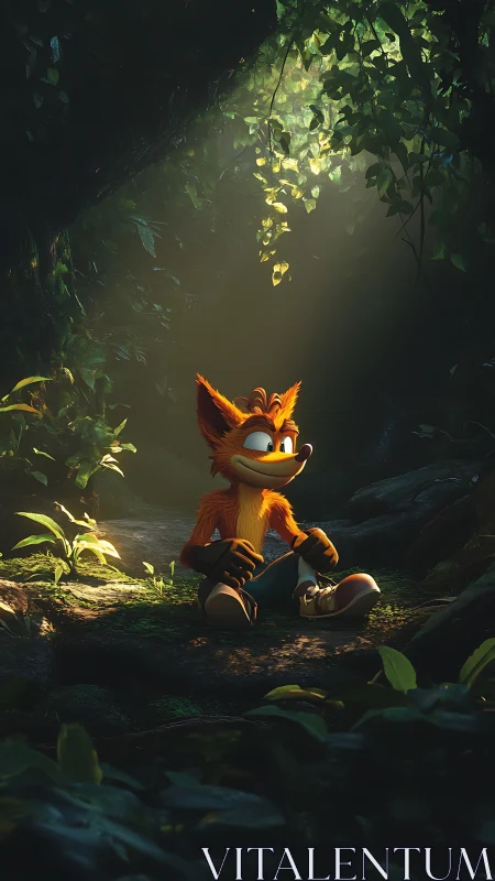 Cartoon fox hero rests in a sunlit, mysterious jungle glade