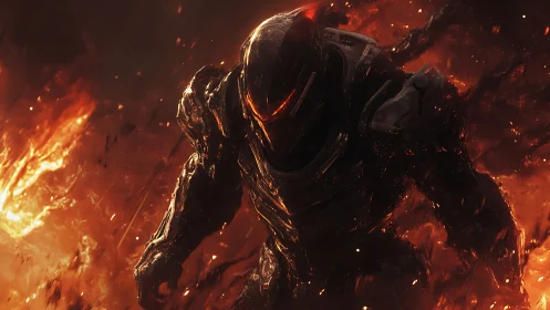 Armored inferno warrior strides through swirling molten fire