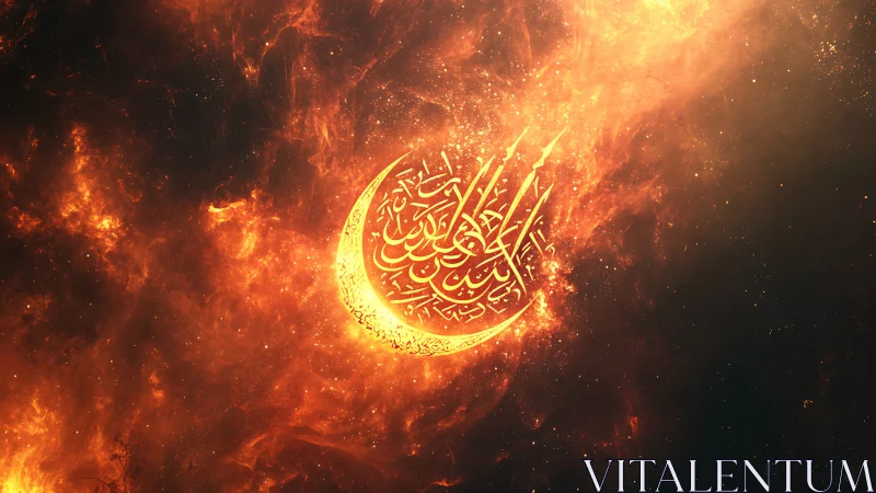 Incandescent Crescent Moon with Arabic Calligraphy Against Turbulent Fiery Nebula