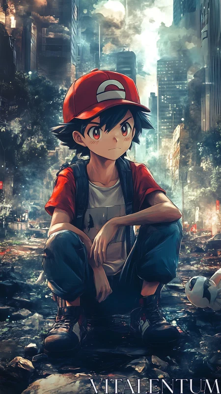Anime boy in red cap in ruined futuristic city street.