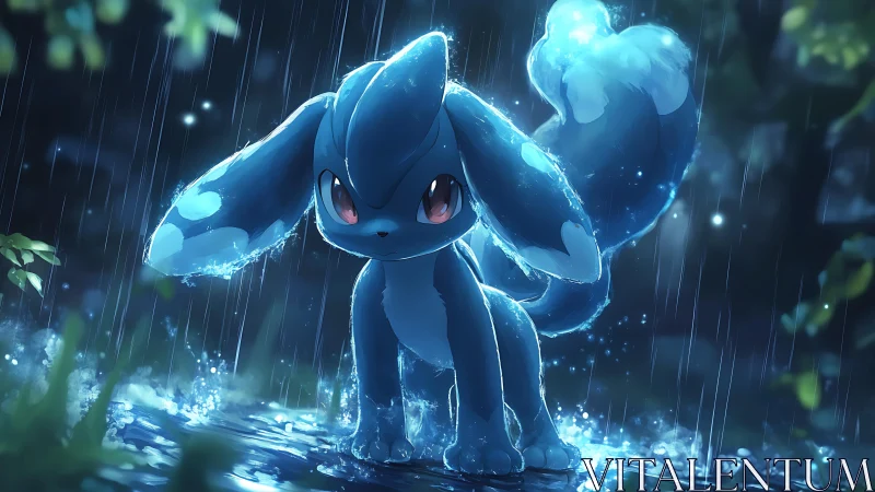 Blue elemental creature glows in rainlit forest puddles.