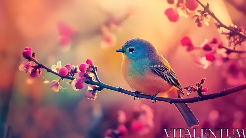 Colorful songbird on blossom branch in dreamy soft focus style.