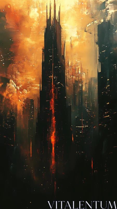 Ember-lit tower rising through a storm of molten dusk.