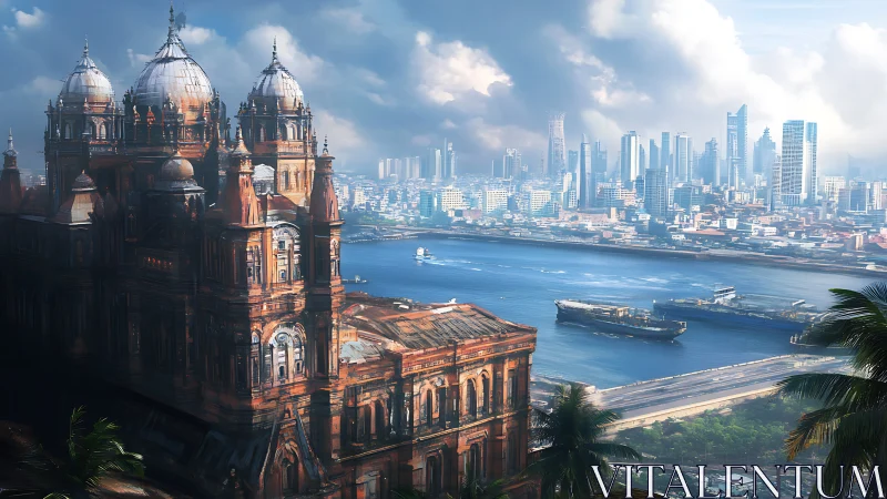 Historic riverside structure contrasts with modern skyline