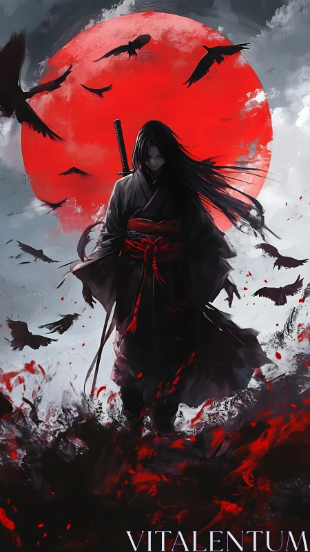 Lone warrior walks beneath a burning crimson moon.