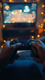 Shallow depth-of-field view of illuminated gamepad and TV bokeh