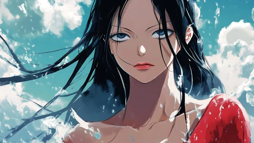 Storm-eyed swimmer rises beneath shattered summer sky.