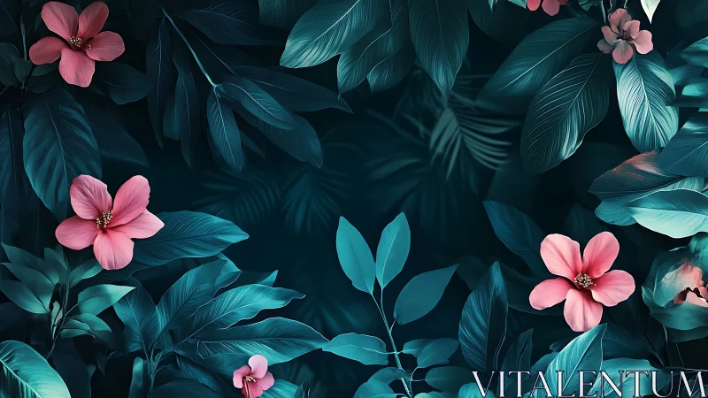Pink flowers among teal foliage on dark botanical background.