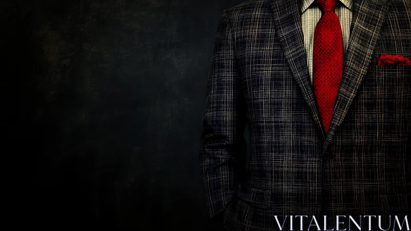 Tailored plaid suit with red tie against dark textured backdrop.