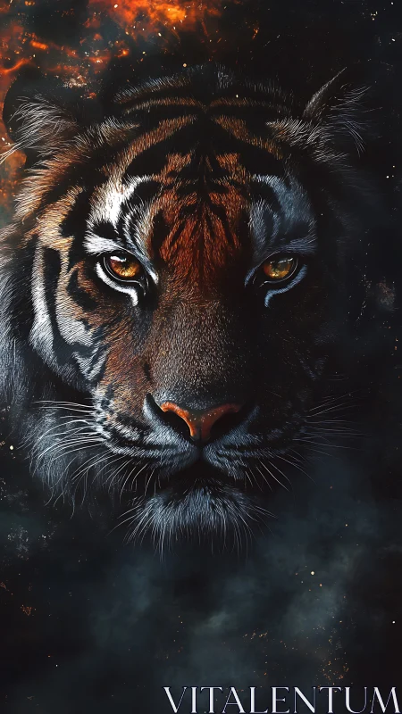 Fierce ember eyed tiger emerging from smoky twilight calm.