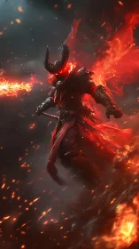 Armored horned figure wields flaming sword in dark environment