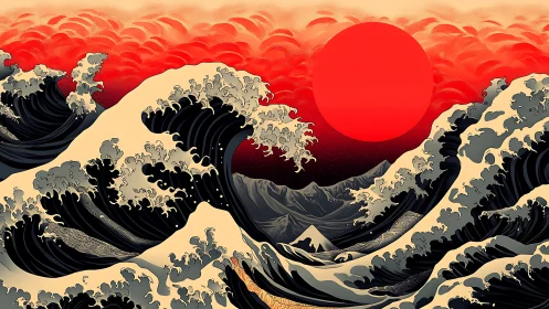 Reimagined ukiyo-e seascape aligns towering waves with crimson sun