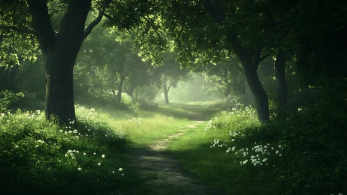 Forest path with mature trees, grass clearing, white flowers