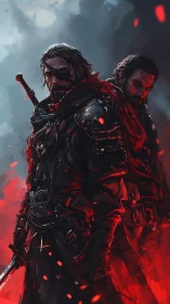 Scarred warriors stand in burning embers before storm clouds