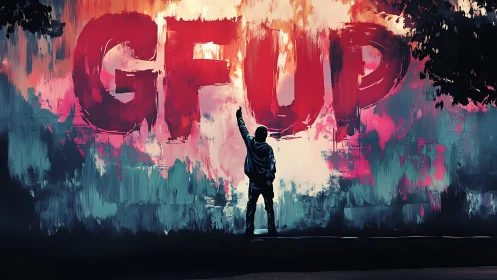 Silhouetted figure facing large GFUP graffiti wall at night.