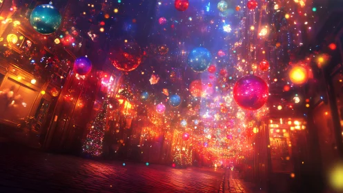 Festive city alley glowing with floating holiday lights.