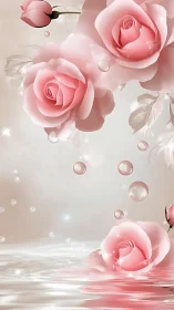 Pink roses suspended above water with floating dewdrops and light effects.