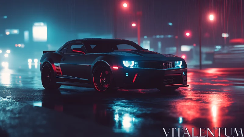 Muscle car cuts through neon soaked night rain slick street