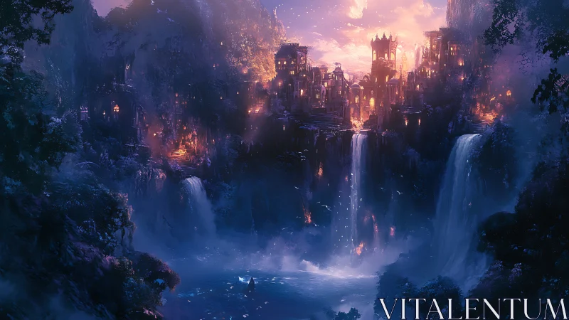 Enchanted cliffside city glows above cascading twilight falls