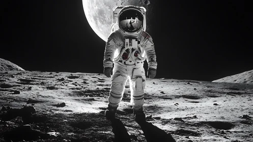 Astronaut strides across lunar surface under stark moonlight.