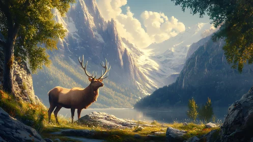 Digital painting of stag by alpine lake in luminous mountain light.