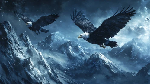 Majestic Bald Eagles Soaring Over Snowy Mountain Peaks in Winter.