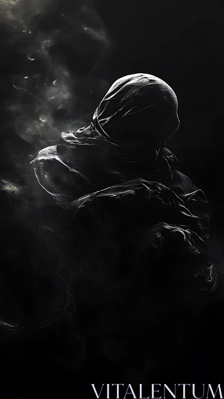 Shrouded hooded figure in low key monochrome digital render.