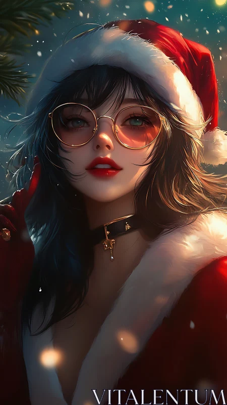 Stylized Christmas portrait of girl in Santa coat and glasses.