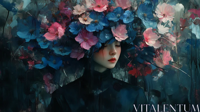 Portrait of a woman crowned by abstract floral canopy in teal