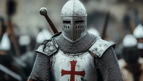 Medieval knight in chainmail and plate armor stands in battle