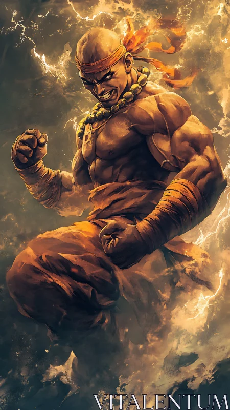 Martial monk unleashes fiery power in dynamic midair pose