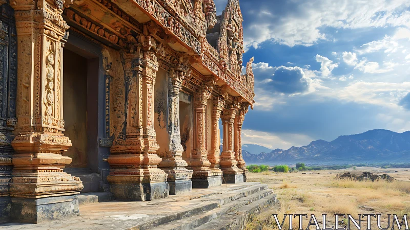 Sunlit temple corridor gazes out across quiet desert plains