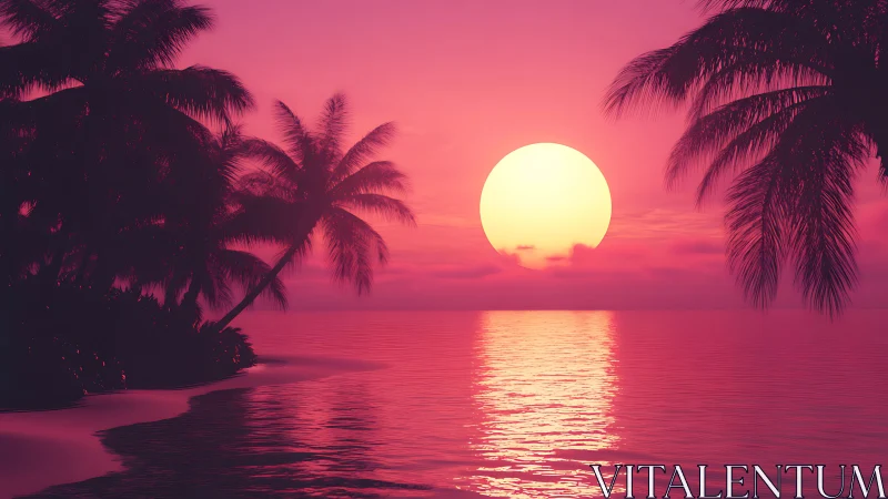 Neon dusk paradise where palm silhouettes kiss molten sun.